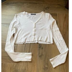 Brandy Melville Long Sleeved Button Up V-Neck White Cotton Shirt NWOT